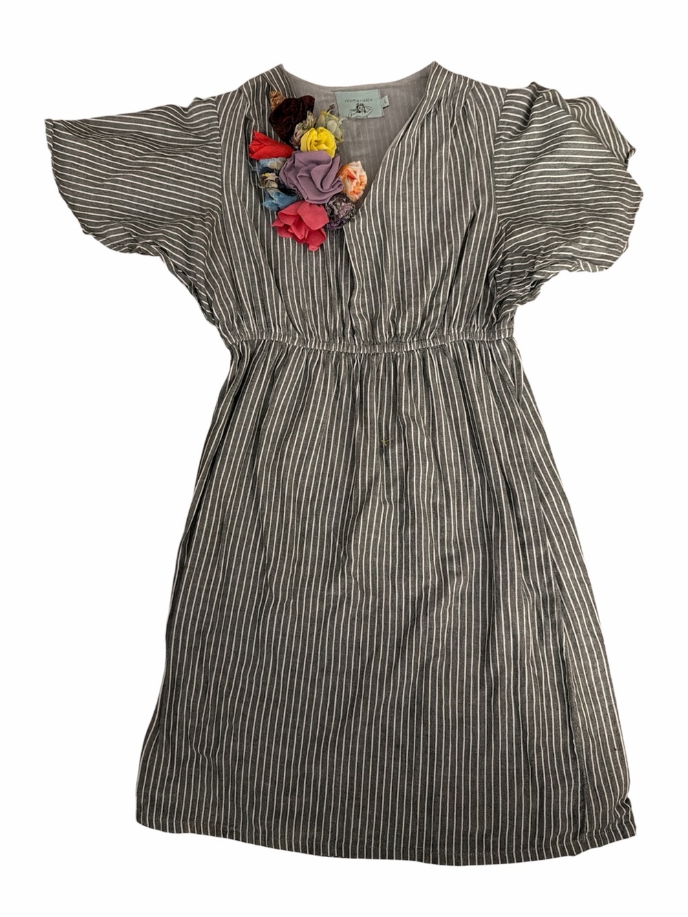 Judith March Striped Flutter Sleeve V-Neck Dress Floral Applique